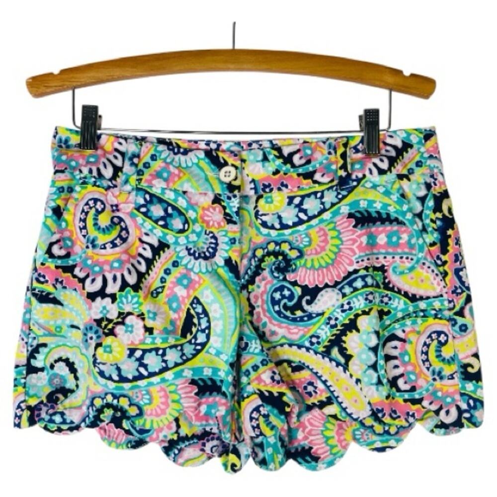 Crown & Ivy blue pink floral paisley scalloped prepoy boho Shelby shorts 2